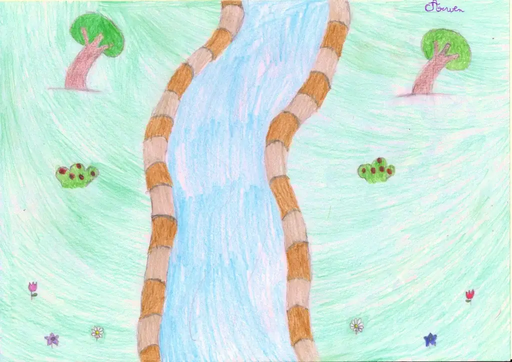 Dessin d'enfant représentant une rivière bordée d'arbres, de buissons et de fleurs