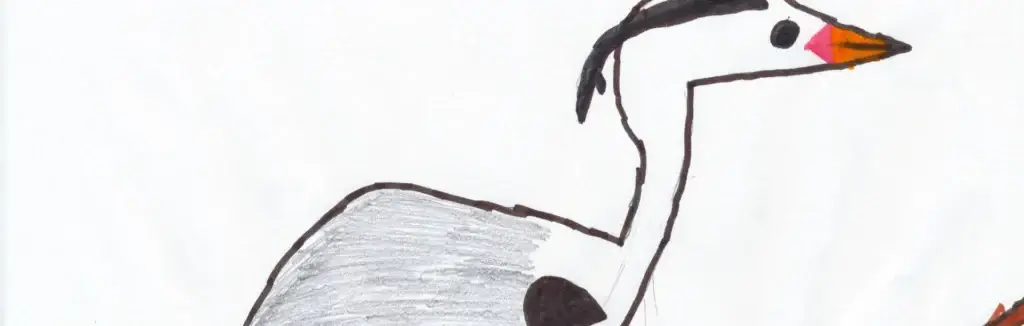 Dessin d'enfant au feutre : un héron cendré au bord de l'eau