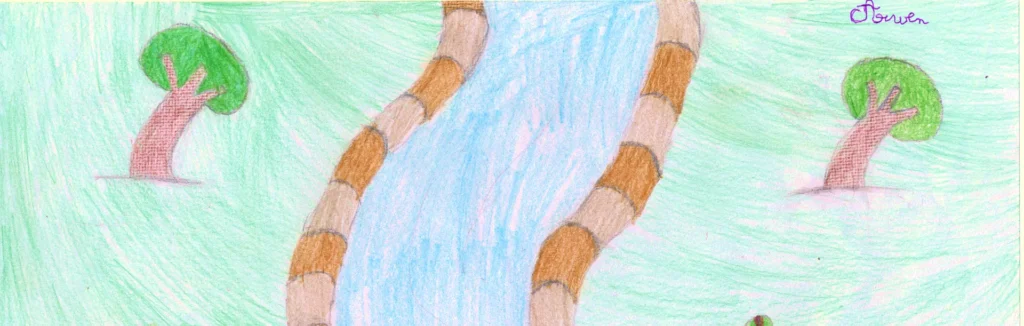 Dessin d'enfant : une rivière serpentant entre deux arbres